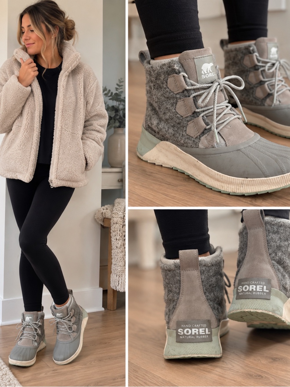 Sorel Women's Gray Taupe Wool-Trim Lace-Up Winter Boots size 8